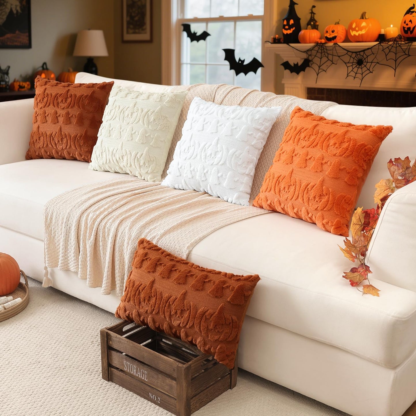 Artscope Halloween Pillow Covers 18 x 18 Set of 2 Decorative Ghost Holiday Pumpkin Throw Pillow Cases Soft Plush Faux Fur Couch Cushion Case for Farmhouse Halloween Sofa Bed Room Home Decor-Orange