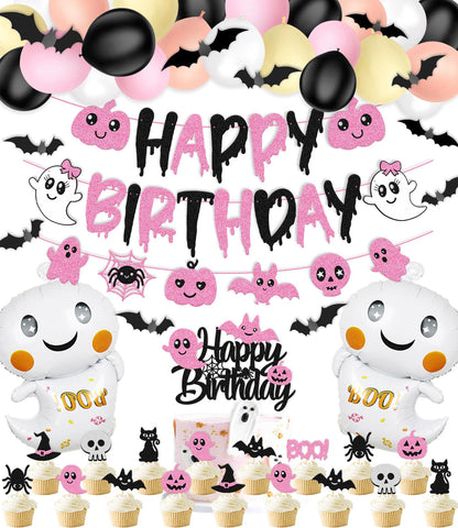 67 Pcs Halloween Birthday Decorations Pink Black Birthday Banner Cake Topper Cupcake decoration Bat Wall Stickers Halloween Theme Balloons Happy Bday Party Supplies
