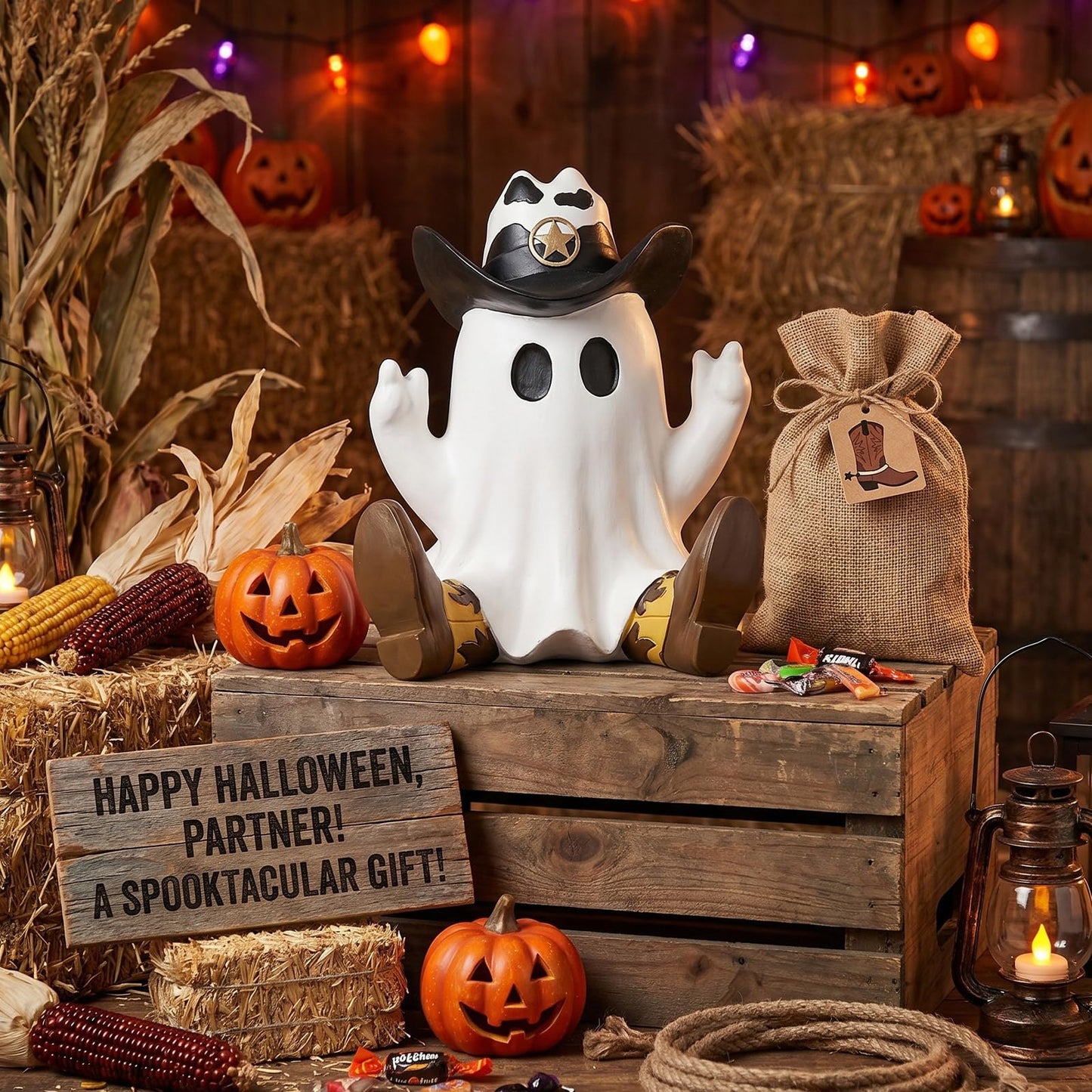 Threehoney Halloween Ghost Figurine Cowboy Spooky Resin Ghost Statue Decoration with Hat and Boots Cute Funny Western Cowboy Figurine for Table Shelf Indoor Decor(Sitting Posture)