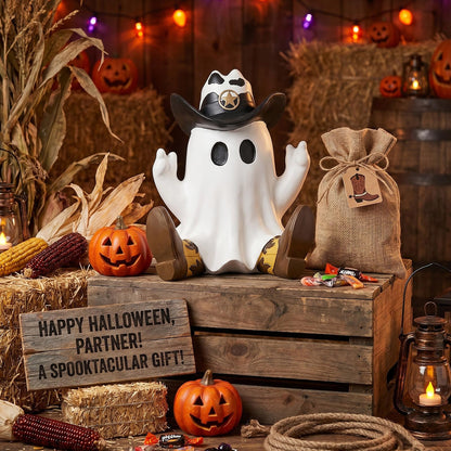 Threehoney Halloween Ghost Figurine Cowboy Spooky Resin Ghost Statue Decoration with Hat and Boots Cute Funny Western Cowboy Figurine for Table Shelf Indoor Decor(Sitting Posture)