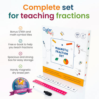 Oyster&Pop 180pcs Award-Winning Fraction Manipulatives - Large Magnetic Fraction Tiles and Circles Magnets Set - Fractions for Kids - Hands-On Montessori Math - Includes Learning Fractions eBook