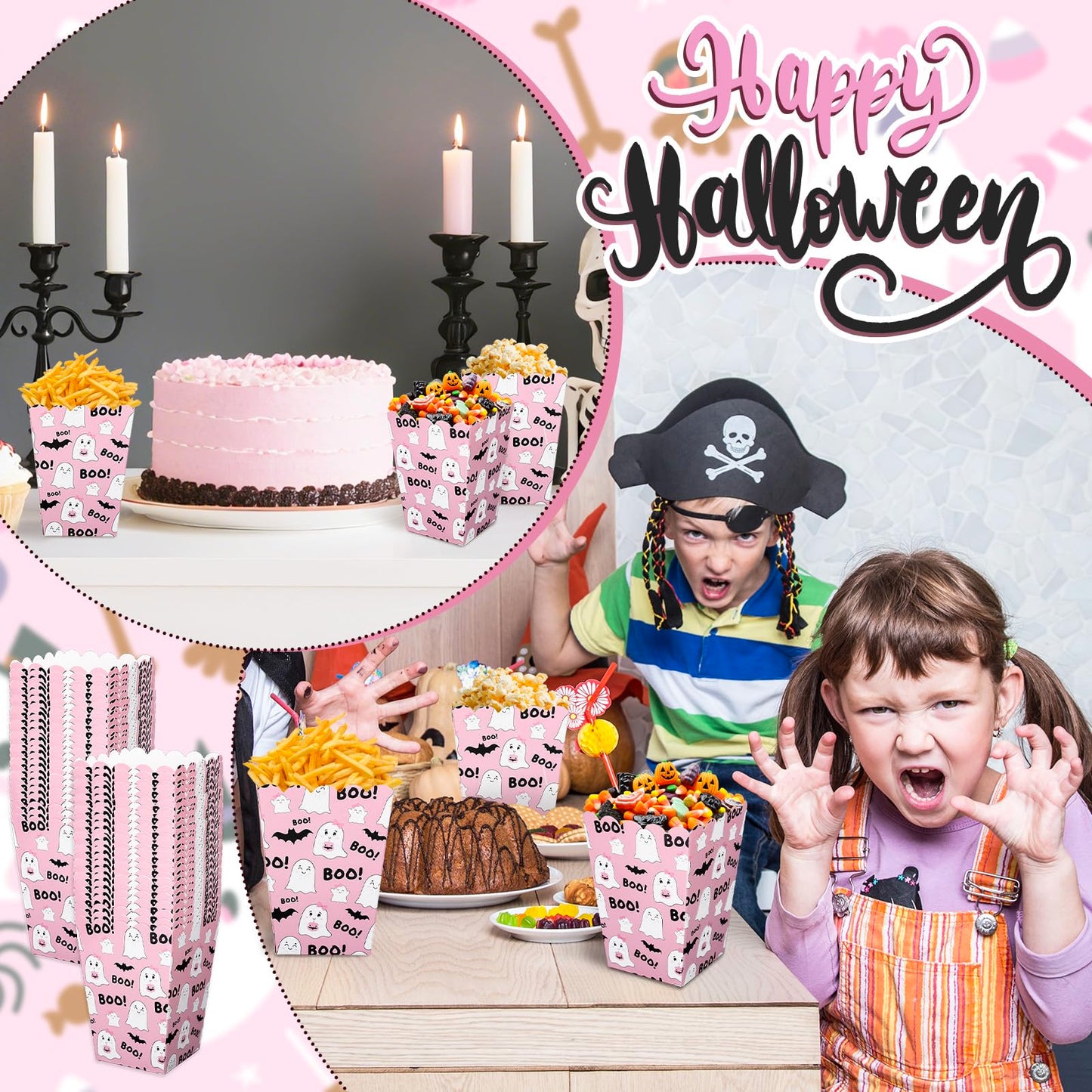 Whaline 100 Pcs Halloween Mini Popcorn Boxes Pink Ghost Bat Popcorn Bucket Boo Candy Favor Boxes for Trick or Treat Movie Night Party Supplies, 3 x 2.2 x 4.2 Inch