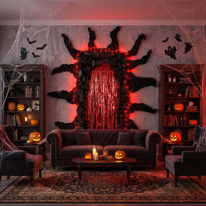 Tingjoo 12 Pcs Weird Themed Door Party Decoration with Spooky Red Black Foil Curtain Tablecloth LED Light Weird Themed Door Decor for Welcome to the Other Side Backdrop Photo Prop Birthday Halloween