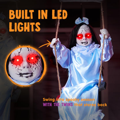 JOYIN 2 Pcs Hanging Ghosts Halloween Decorations Outdoor, 3ft Blue Swinging Creepy Sister Ghost with LED Red Light Eyes Creepy Girl Twins Doll Decor for Indoor Flying Props for Yard Patio Lawn Garden