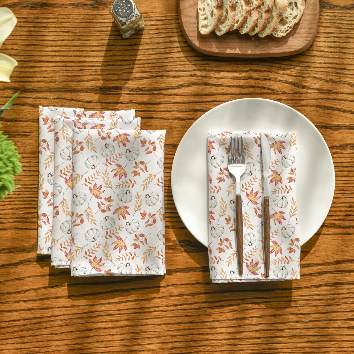 Horaldaily Fall Cloth Napkins 18 x 18 Inch, Thanksgiving Autumn Harvest White Pumpkin Orange Leaf Party Dinner Decoration Washable Napkins Set of 6