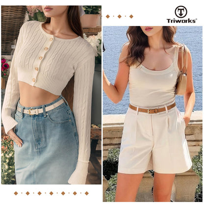 TRIWORKS 3 Pack Women Skinny Leather Belt for Jeans Pants Dress Ladies Thin Waist Belt with Gold Buckle