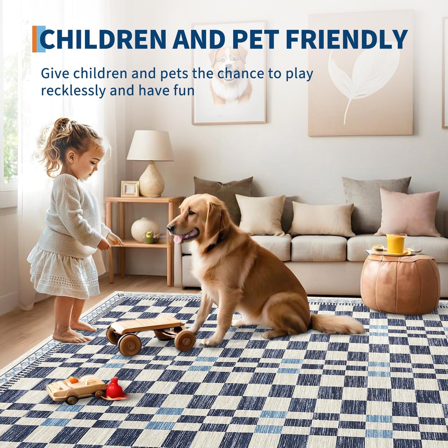 GarveeHome 5x7 Area Rug for Baby Room Non-Slip Low Pile Stain-Resistant Living Room Carpet Modern Abstract Checkered Dining Rugs No-Shedding Machine Washable Area Rug for Dorm Home Office Bedroom Blue