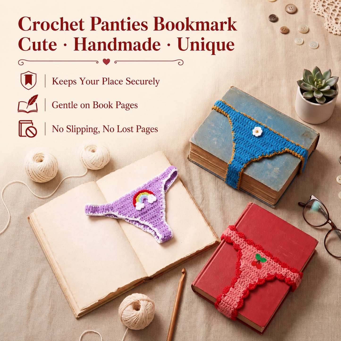 Colarr 3 Pack Bikini Crochet Bookmarks for B5 Books Handmade Mini Swimwear Book Page Holders Cute Reading Accessories Gift for Women Book Lovers Students Readers