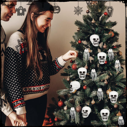 Poen 24 Pcs Mini Horror Halloween Skull Hanging Tree Gothic Ornament Skull Plastic Mini Small Skeleton Head Decoration Spooky Hanging Ornament for Halloween Party Supplies(Black Bow)