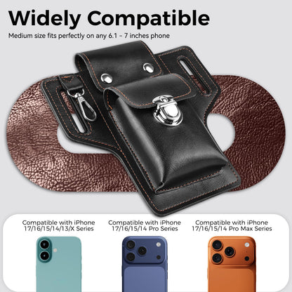 Leather Phone Holster for iPhone 17/16/15/14/13/12/their Pro & Pro Max, Belt Clip Cell Phone Case for Galaxy S25/S24/S23, Multitool Magnetic Closure Belt Pouch, Fits All Phones up to 7" (Ebony)