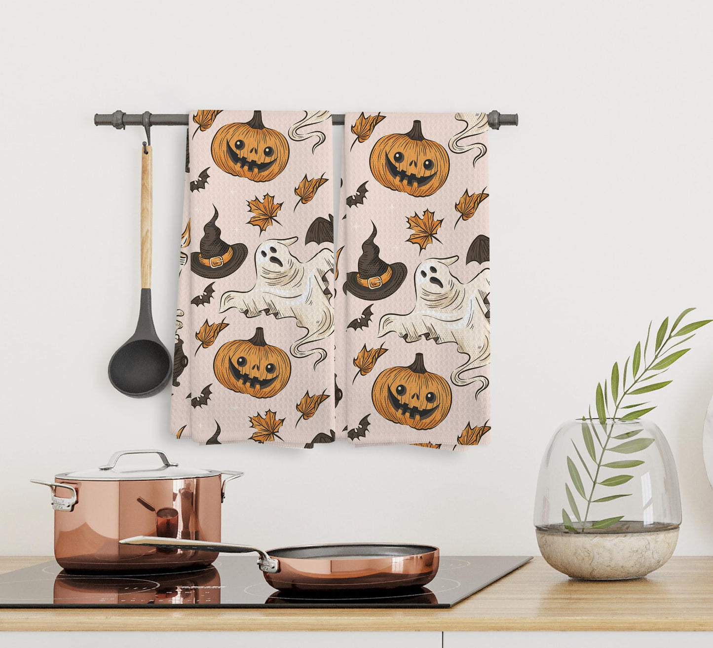 NOQL Halloween Pumpkin Kitchen Ghost Towels and Dishcloths Set of 2, Halloween Drying Cloth Hand Towels Tea Towels for Bathroom Decor, 16×24 Inch