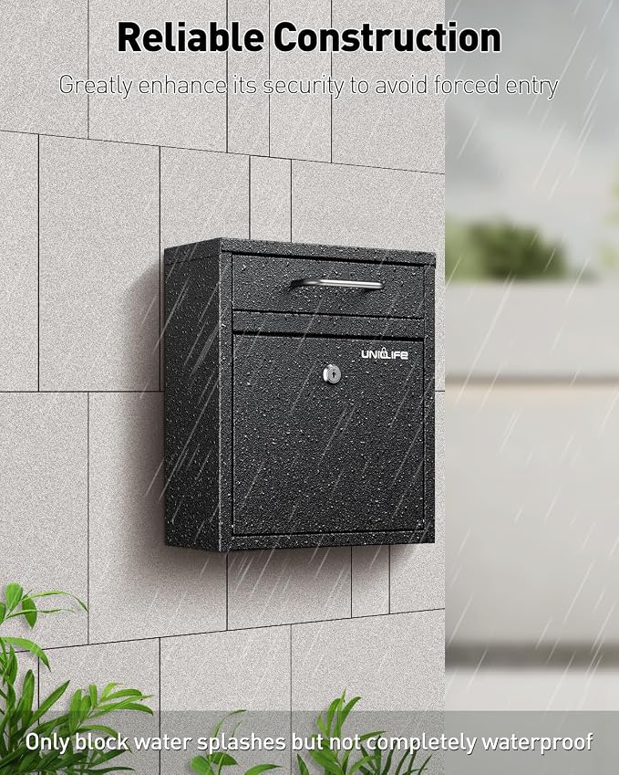 Uniclife Wall Mount Mailbox for Outside, Anti-Theft Heavy Duty Locking Mailbox, Small Mailbox with Key Lock, Security Mail Box, Safe Key Drop Box, Post Box, Steel Cash Drop Box for Home Office, Black