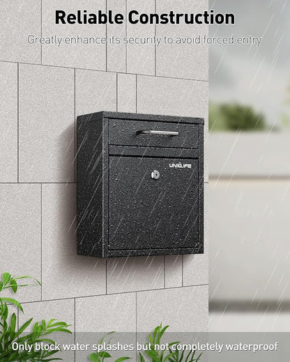 Uniclife Wall Mount Mailbox for Outside, Anti-Theft Heavy Duty Locking Mailbox, Small Mailbox with Key Lock, Security Mail Box, Safe Key Drop Box, Post Box, Steel Cash Drop Box for Home Office, Black