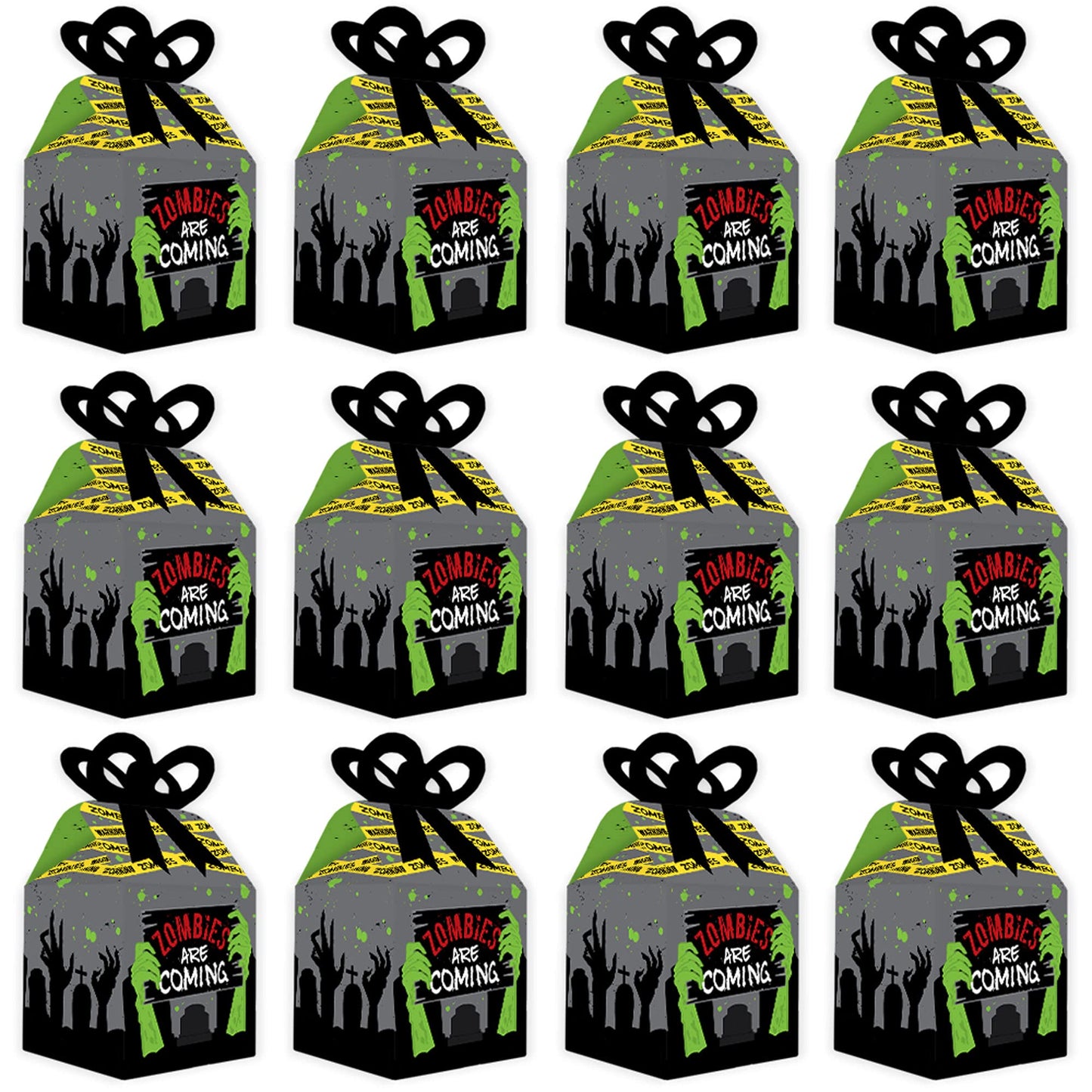 Big Dot of Happiness Zombie Zone - Square Favor Gift Boxes - Halloween or Birthday Zombie Crawl Party Bow Boxes - Set of 12