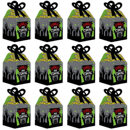 Big Dot of Happiness Zombie Zone - Square Favor Gift Boxes - Halloween or Birthday Zombie Crawl Party Bow Boxes - Set of 12