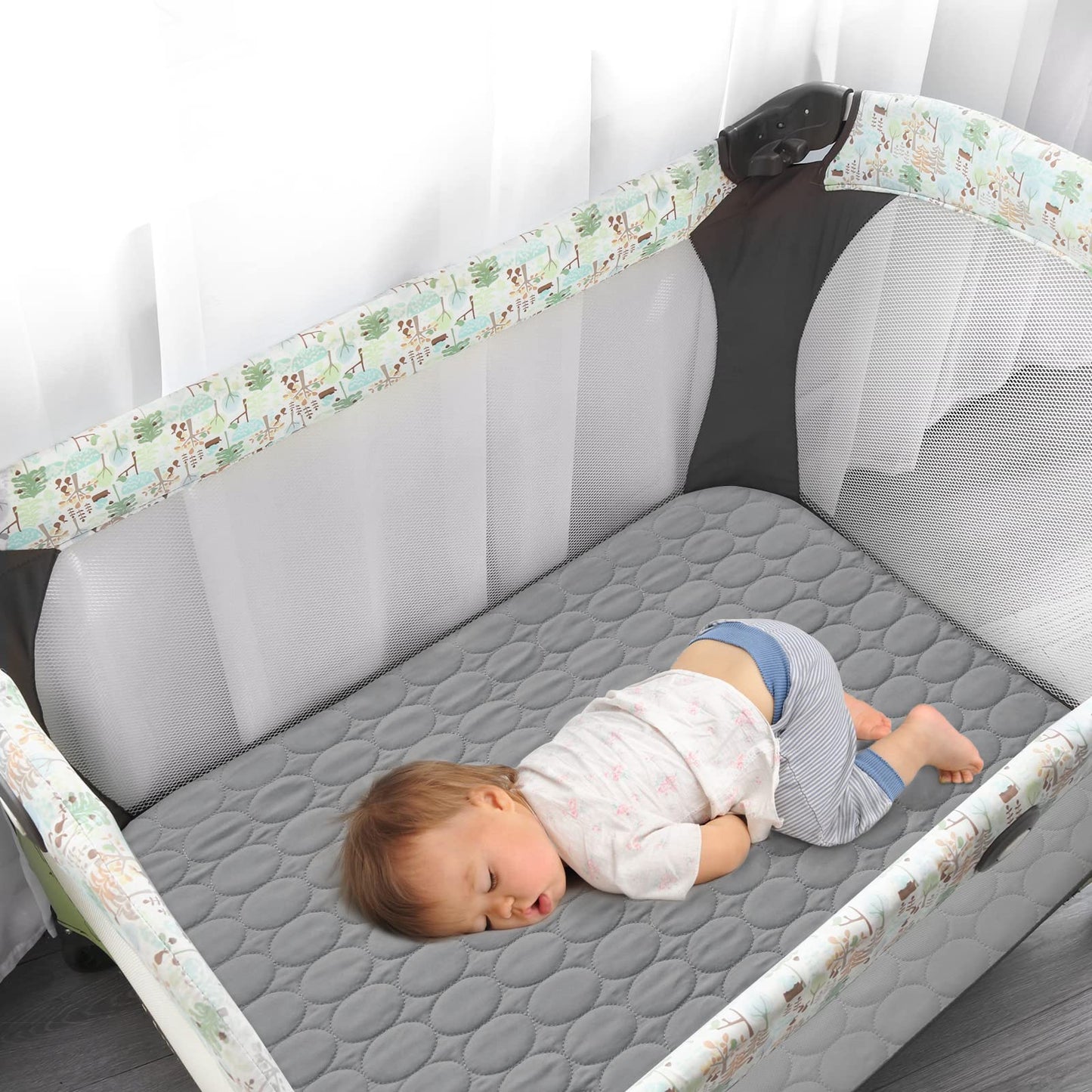 Pack and Play Sheets Fitted Quilted Waterproof Protector, 2 Pack Playard Mattress Pad Compatible with Graco Pack n Play, Mattress Cover fits for Baby Playpen Mattress, Mini Crib, Gray & Navy Blue