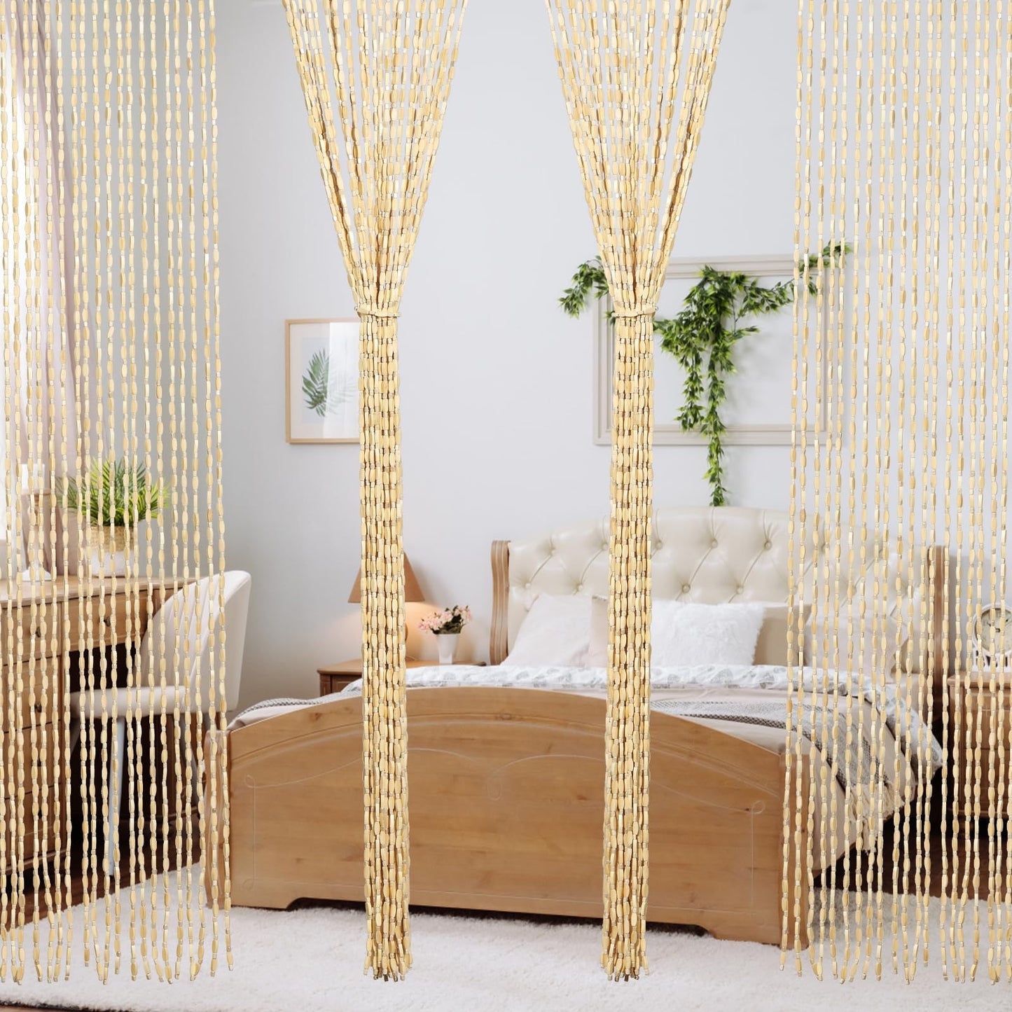 HYVAKUPPA 35.5" x 75" Bamboo and Wood Beaded Curtain for Doorway 52 Strands Handmade Bohemian Door Beads Curtain Boho Hanging Room Divider for Bedroom Living Home Deco, Beige