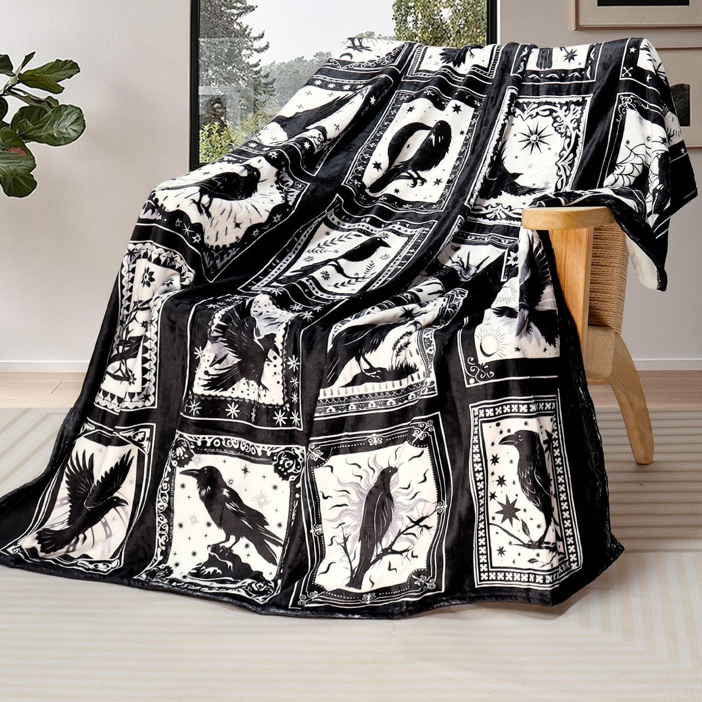 Bird Blanket Halloween Black Gothic Throw Blanket Ultra Soft Retro Hummingbird Blankets Raven Crow Throw Bird Lover Gift Bed Cover Cozy Flannel Fuzzy Plush Couch Cover for Sofa 50" X 60"