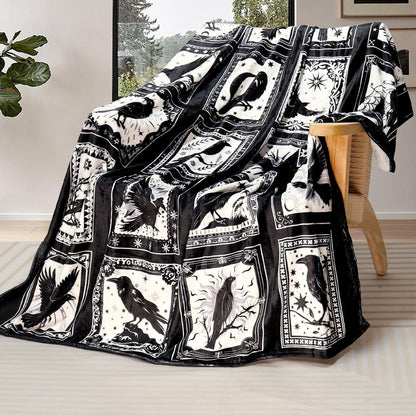 Bird Blanket Halloween Black Gothic Throw Blanket Ultra Soft Retro Hummingbird Blankets Raven Crow Throw Bird Lover Gift Bed Cover Cozy Flannel Fuzzy Plush Couch Cover for Sofa 50" X 60"