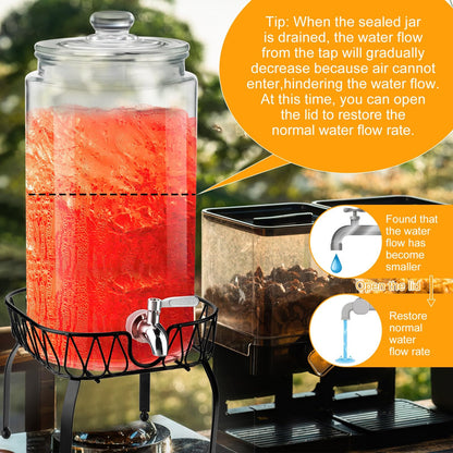 Honeydak 1 Pack 3 Gallon Glass Drink Dispenser for Parties Glass Beverage Dispenser with Stand and Spigot Leakproof Iced Water Storage Lemonade Juice Jar Mason with Lids for Wedding Parties Kitchen