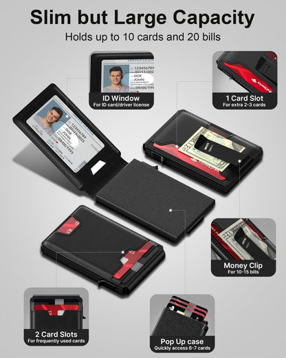 typecase Mens Wallet Card Holder: Pop Up Card Case, Genuine Leather, Smart, RFID Blocking, Slim, Minimalist, Thin, Front Pocket - 9-13 Card Capacitiy | ID Window | Money Clip (Black)