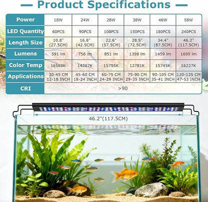 hygger 58W Aquarium Light, 24/7 & DIY Mode Fish Tank Light with Timer, IP68 Waterproof Full Spectrum, 8 Colors, 10 Brightness Day & Night Cycle Memory Function for 47-53 Inch Tank