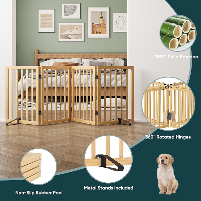 Semiocthome Solid Bamboo Dog Gate with 2 Stands, Freestanding Pet Gates for Doorways and Stairs, 24" Height-4 Panels Puppy Gate for The House, Fully Assembled Indoor Gate Safety Fencee - Natural