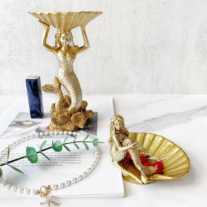 Jewelry Dish, Resin Mermaid Shell Dish Ring Holder Jewelry Organizer Trinket Dish, Golden Mermaid Shell Statue Home Decor for Home Office Desktop Bookshelf