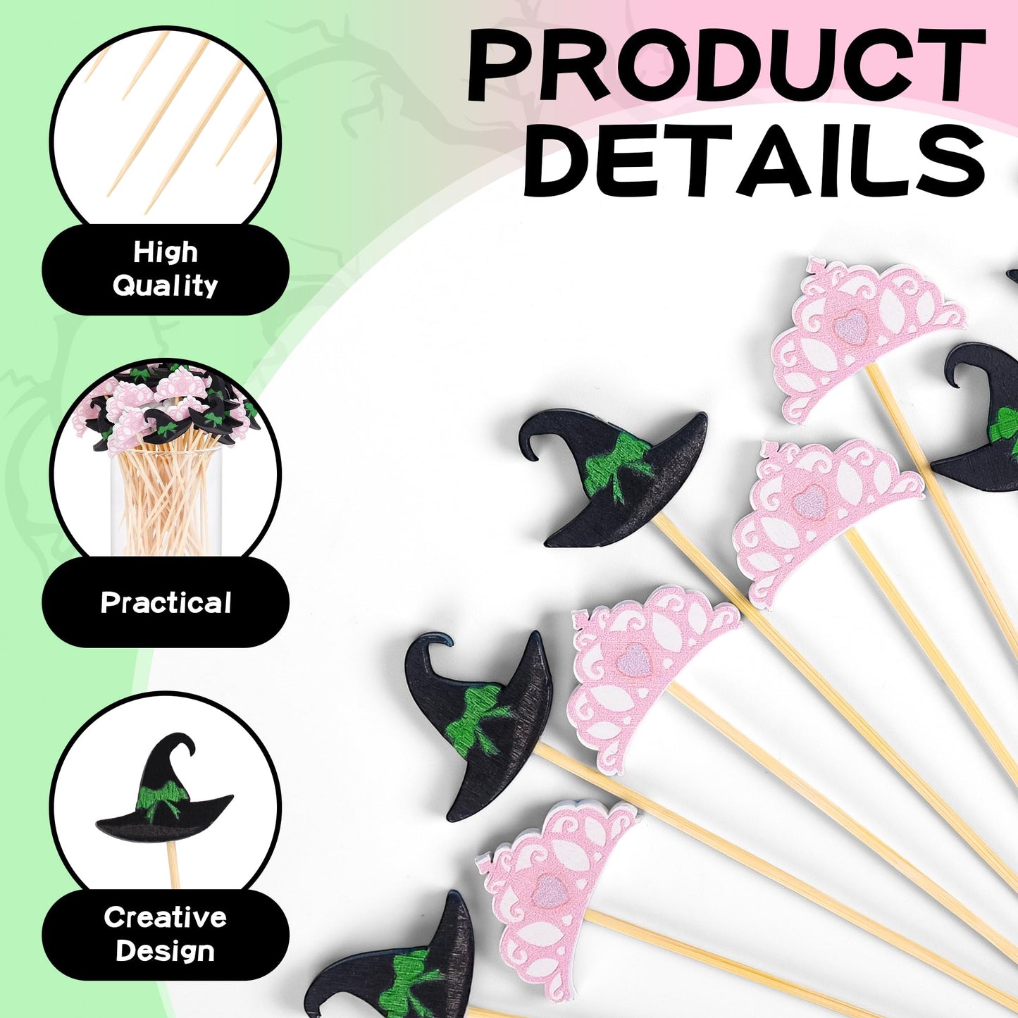 100 Pcs Witch Hat Cocktail Picks Decorative Toothpicks for Appetizers Fruit Sandwich Charcuterie Skewers Food Sticks for Pink Green Birthday Baby Shower Halloween Party Supplies