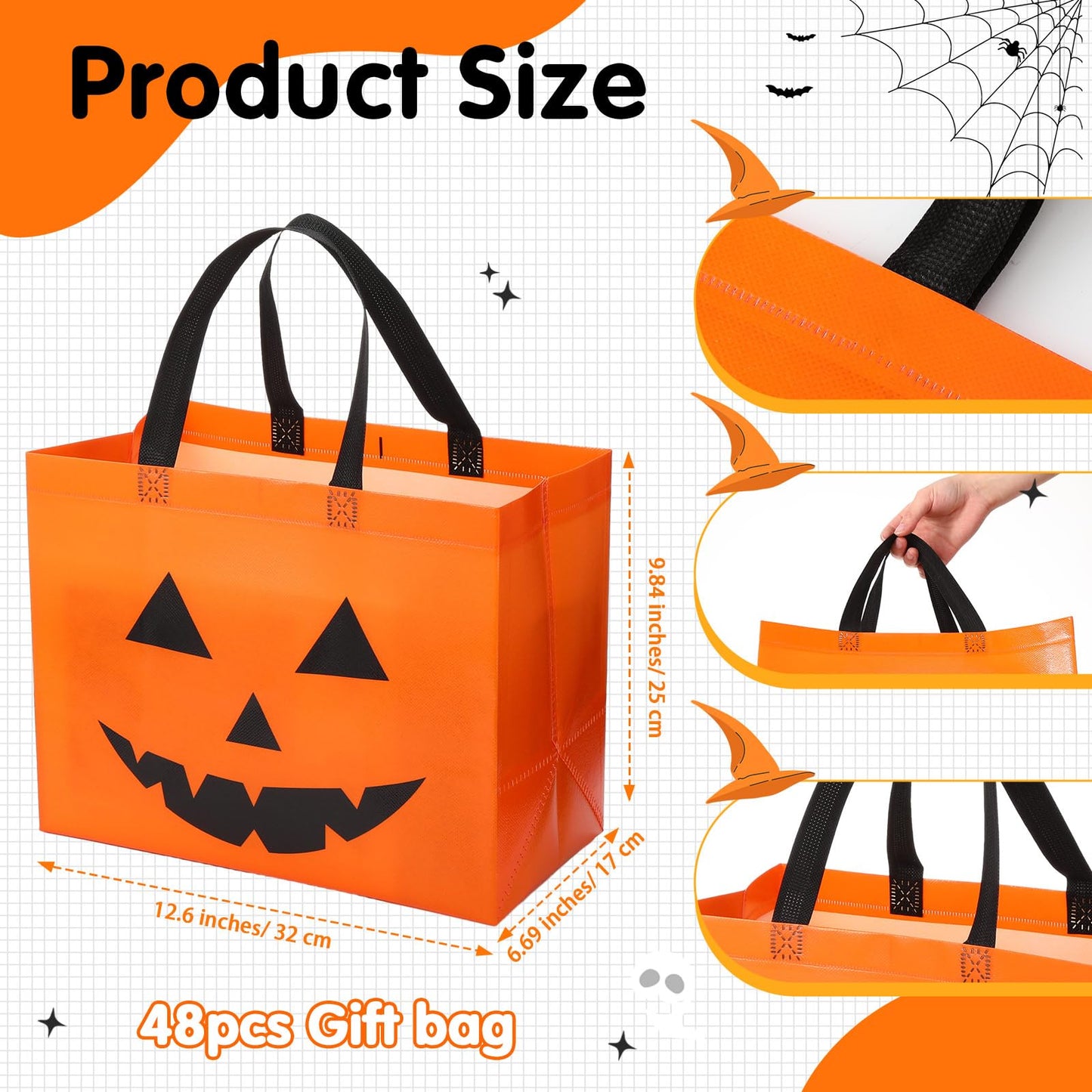 Lincia 48 Pcs Halloween Non Woven Pumpkin Bag 12.6 x 9.8 Inch Reusable Trick or Treat Gift Candy Goodie Handles Bag for Halloween Birthday Party Favors Classroom