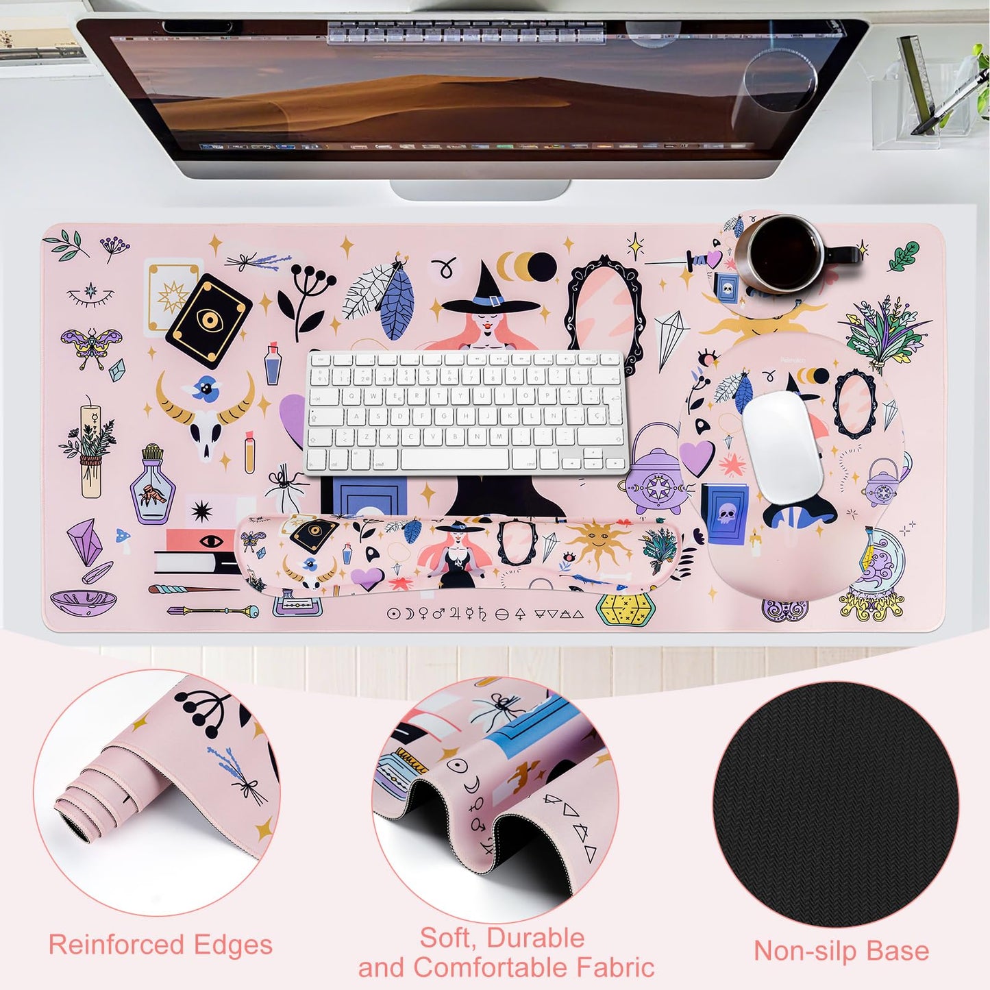Petmolico Mouse Pad Set with Computer Keyboard Desk Pad,Mouse Pad with Wrist Rest,Typing Wrist Pad and Cup Coasters,Ergonomic Design for Typing Pain Relief [Pink,Halloween]