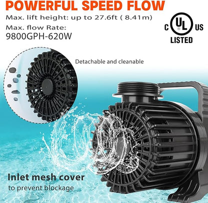 WaterRebirth (9800GPH-620W,UL listed) High Flow Submersible Pond Water Aquarium Pump Multi Scenario Application