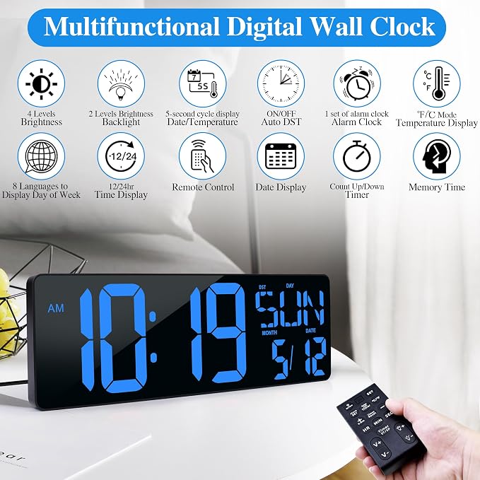 17.2"Large Digital Wall Clock Large Display with Remote Control 180°Visible | Timer with Temperature Date Week Auto DST Adjustable Brightness, for Living Room Classroom Garage Gym Gift for Senior Mom Dad