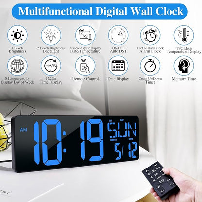 17.2"Large Digital Wall Clock Large Display with Remote Control 180°Visible | Timer with Temperature Date Week Auto DST Adjustable Brightness, for Living Room Classroom Garage Gym Gift for Senior Mom Dad