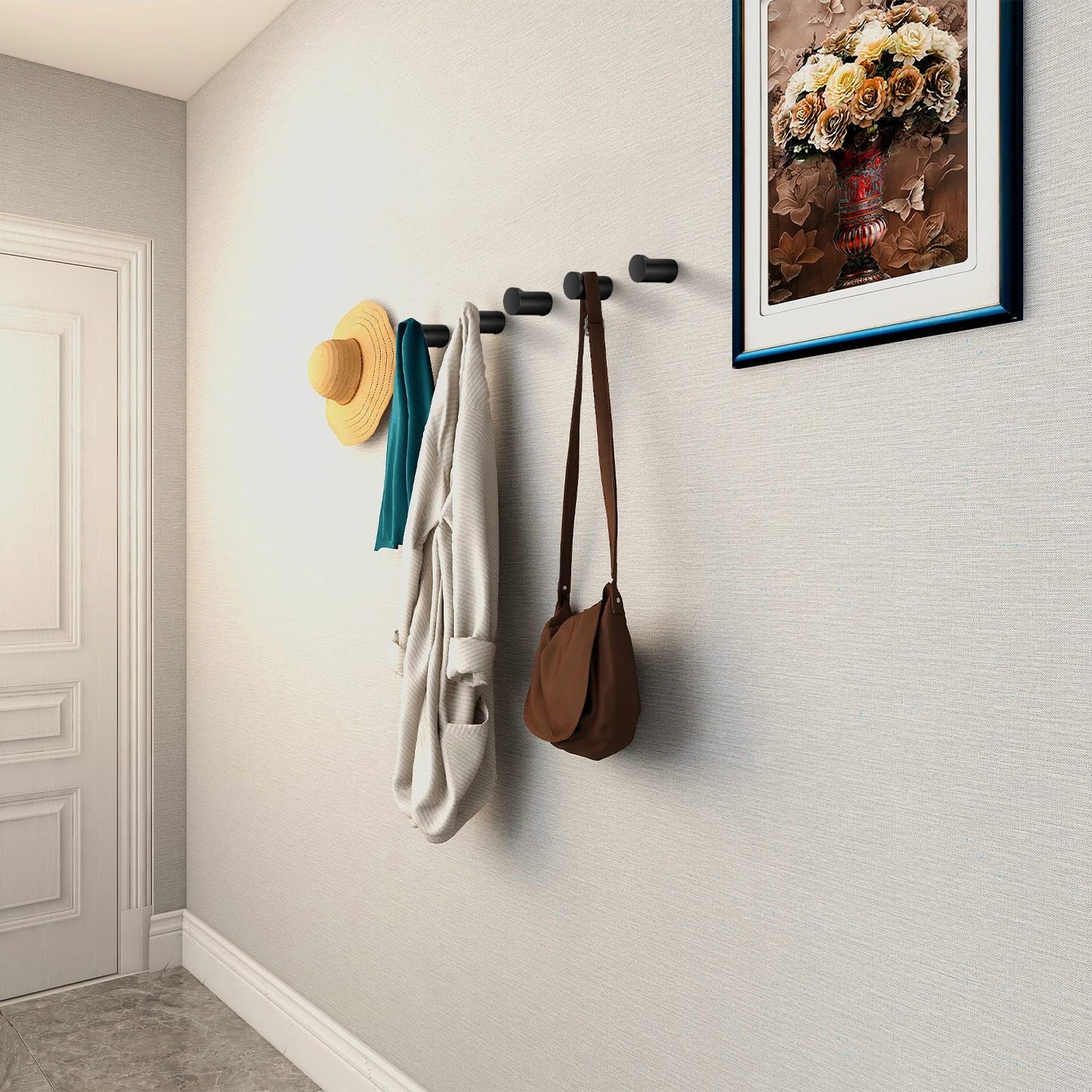 BSDONTE Wood Wall Hooks (6 Pack), Decorative Black Coat Hooks - Heavy Duty, Wall Mounted Hangers for Coats, Backpack, Towel, Cap (Black)