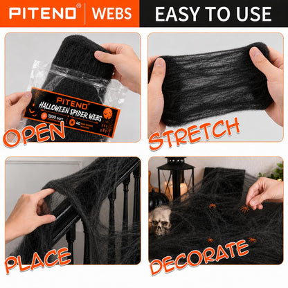 Piteno® 1200 sqft Spider Webs Halloween Decorations with 40 Fake Spiders, Stretchable Halloween Spider Webs for Indoor Outdoor Haunted House Yard Porch Party Decor (Black)