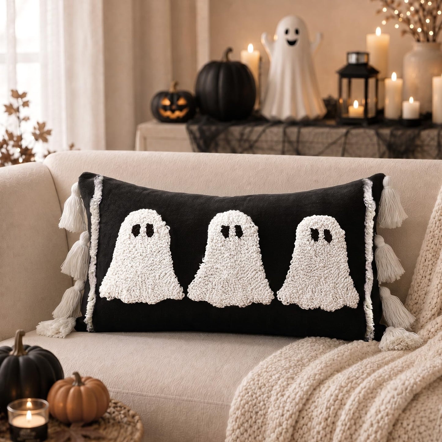 Bunny Chorus Halloween Lumbar Pillow Cover: Black and White Ghost Pillow Covers with Tassels, Cotton Linen Halloween Throw Pillow Covers 15x20 for Couch Sofa Bed, Cute Halloween Home Decorations