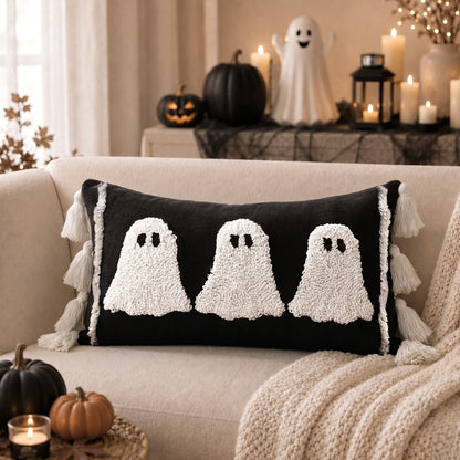 Bunny Chorus Halloween Lumbar Pillow Cover: Black and White Ghost Pillow Covers with Tassels, Cotton Linen Halloween Throw Pillow Covers 15x20 for Couch Sofa Bed, Cute Halloween Home Decorations