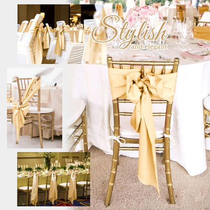Pesonlook 120 PCS Champagne Satin Chair Sashes Bows Satin Chair Sashes Universal Chair Cover for Wedding Reception Restaurant Event Decoration Banquet,Party,Hotel Event Decorations (7 x 108 inch)