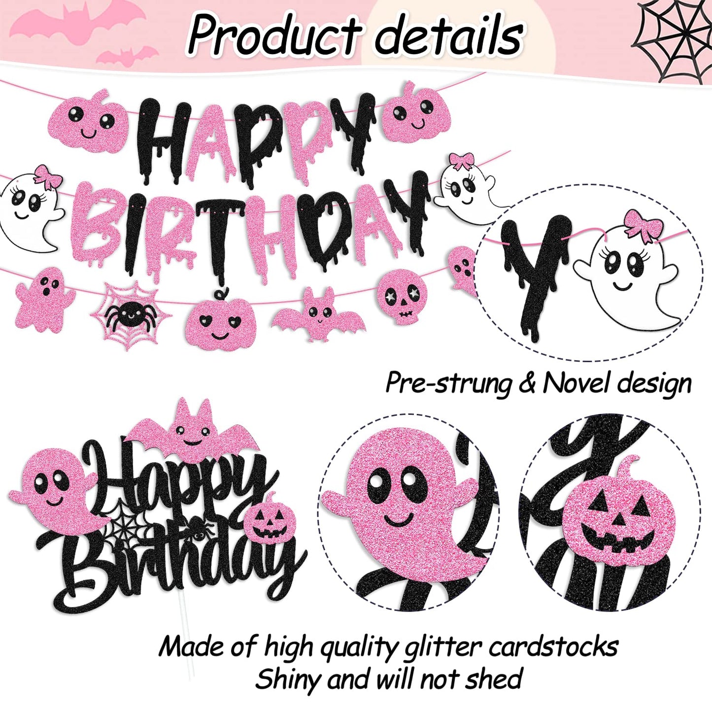 67 Pcs Halloween Birthday Decorations Pink Black Birthday Banner Cake Topper Cupcake decoration Bat Wall Stickers Halloween Theme Balloons Happy Bday Party Supplies