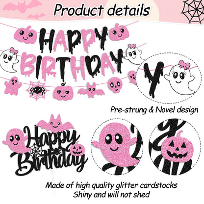 67 Pcs Halloween Birthday Decorations Pink Black Birthday Banner Cake Topper Cupcake decoration Bat Wall Stickers Halloween Theme Balloons Happy Bday Party Supplies