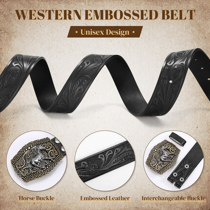 LALATCH Western Cowboy Belts Western Belts for Women Men Cowgirl Cowboy Belt Buckles Leather Cowboy Belt for Men Rodeo Outfit, Gold Horse/Black Belt