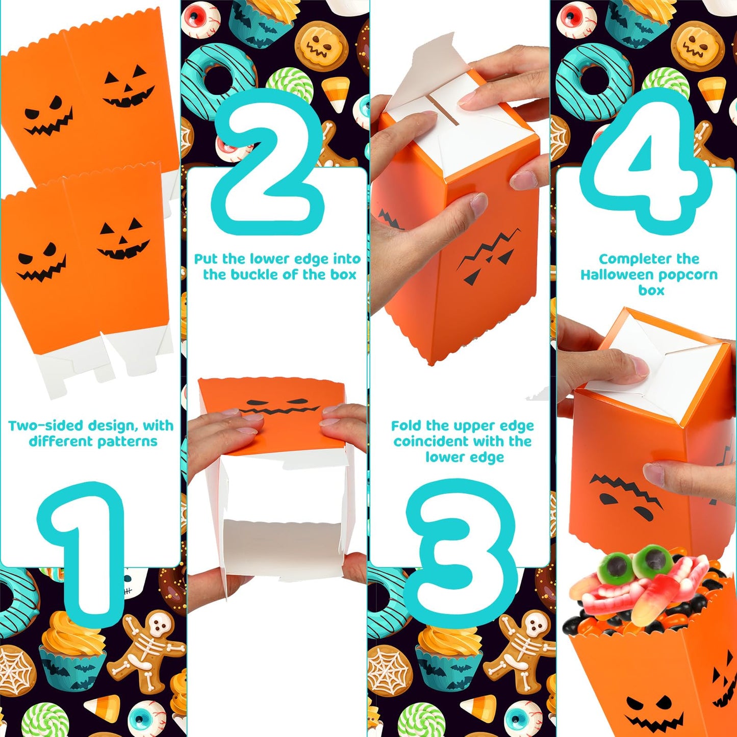 Yeaqee 100 Pcs Halloween Popcorn Boxes - Pumpkin Snack Treat Boxes Candy Cookie Container Decorations Gifts for Kids Adults Party Favor Supplies