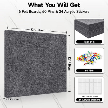 ANLIOTE 6 Pack Felt Bulletin Cork Board Tiles for Wall, 1/2" Thick Self Adhesive Pinboard Squares with 60 Pushpins, Felt Panels Wall Organizer for Photos, Pictures, Memos (11.8"x11.8"- Dark Grey)
