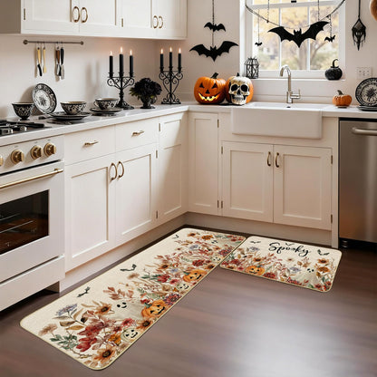 Mocsicka Halloween Kitchen Mats Set Spooky Ghost Pumpkin Kitchen Rug Gothic Floral Spider Bats Kitchen Mat for Halloween Kitchen Decor Non-Slip Washable Ghost Rug, 17 X 29 and 17 X 47 Inch