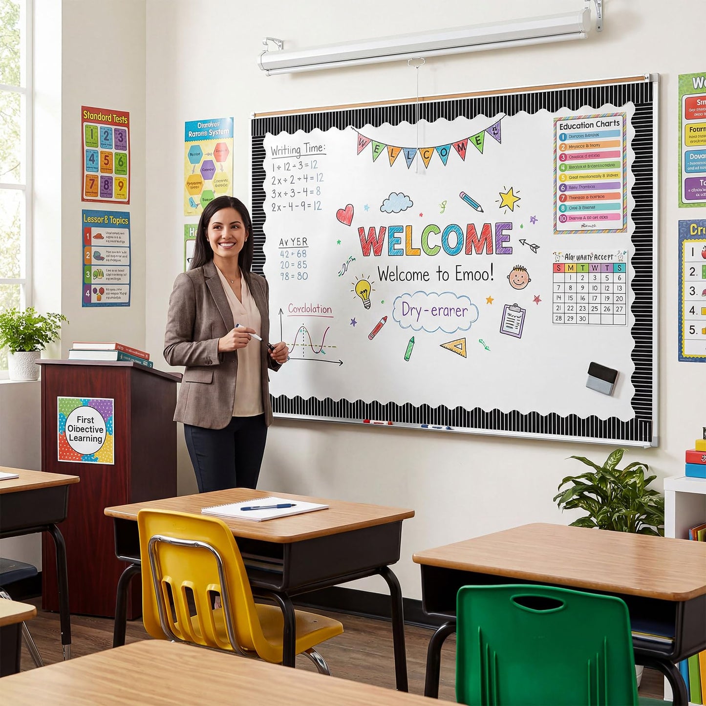 Tenceur 48 ft x 2.76 Inch Magnetic Borders for Whiteboard Decoration, White Vertical Stripes Magnetic Bulletin Board Border Set for Summer Classroom Office Chalkboard Poster Board Decor