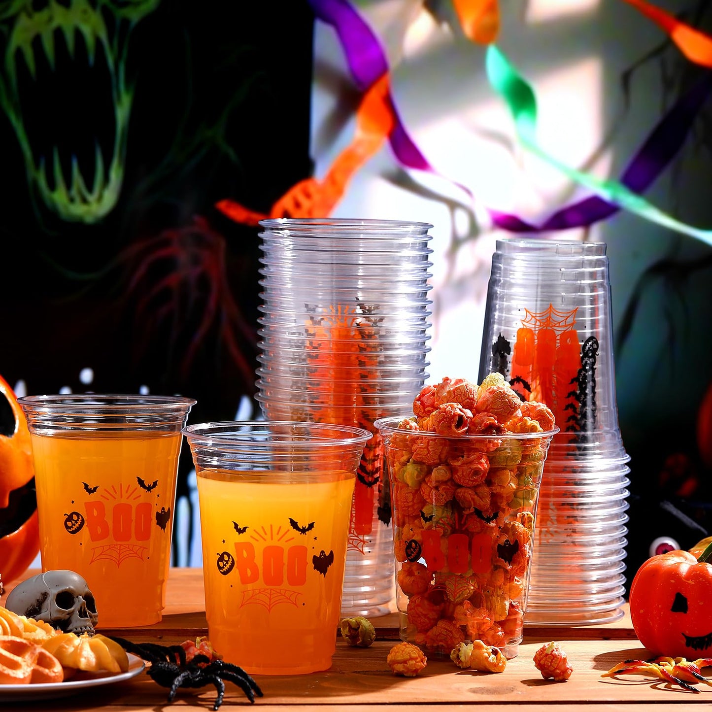 Tiangrid 100 Pcs Halloween Plastic Cups Bulk 16 oz Disposable Halloween Boo Party Cups Spooky Clear Plastic Glasses for Trick or Treat Scary Party Supplies Cold Drinks