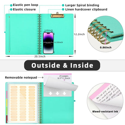 Ospelelf Foldable Spiral Clipboard Folio with Storage Zipper Pouch, 5 Plastic Folders with 10 Pockets,Refillable Lined Notepad (11" x 8.5"), Hardcover Project Organizer with 39 Stickers (Aqua)
