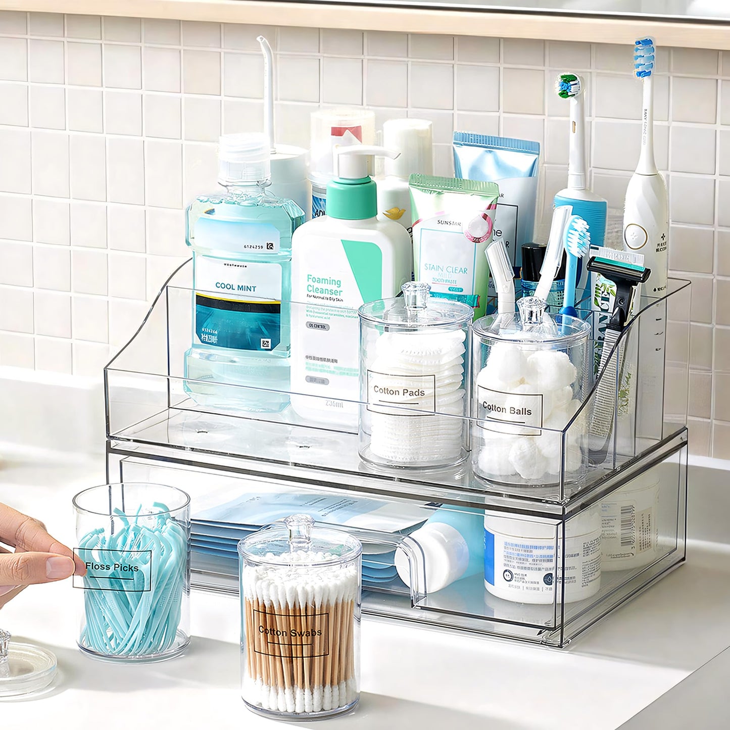 Vtopmart 6 PCS Bathroom Countertop Organizer, 1 Divided Tray with 4 Qtip Holder Jars and 1 Drawers, Restroom Clear Organizers for Toothbrush, Cotton Pads, Vanity Accessories Storage Set
