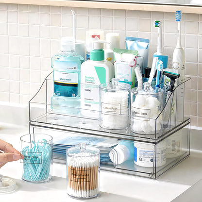 Vtopmart 6 PCS Bathroom Countertop Organizer, 1 Divided Tray with 4 Qtip Holder Jars and 1 Drawers, Restroom Clear Organizers for Toothbrush, Cotton Pads, Vanity Accessories Storage Set